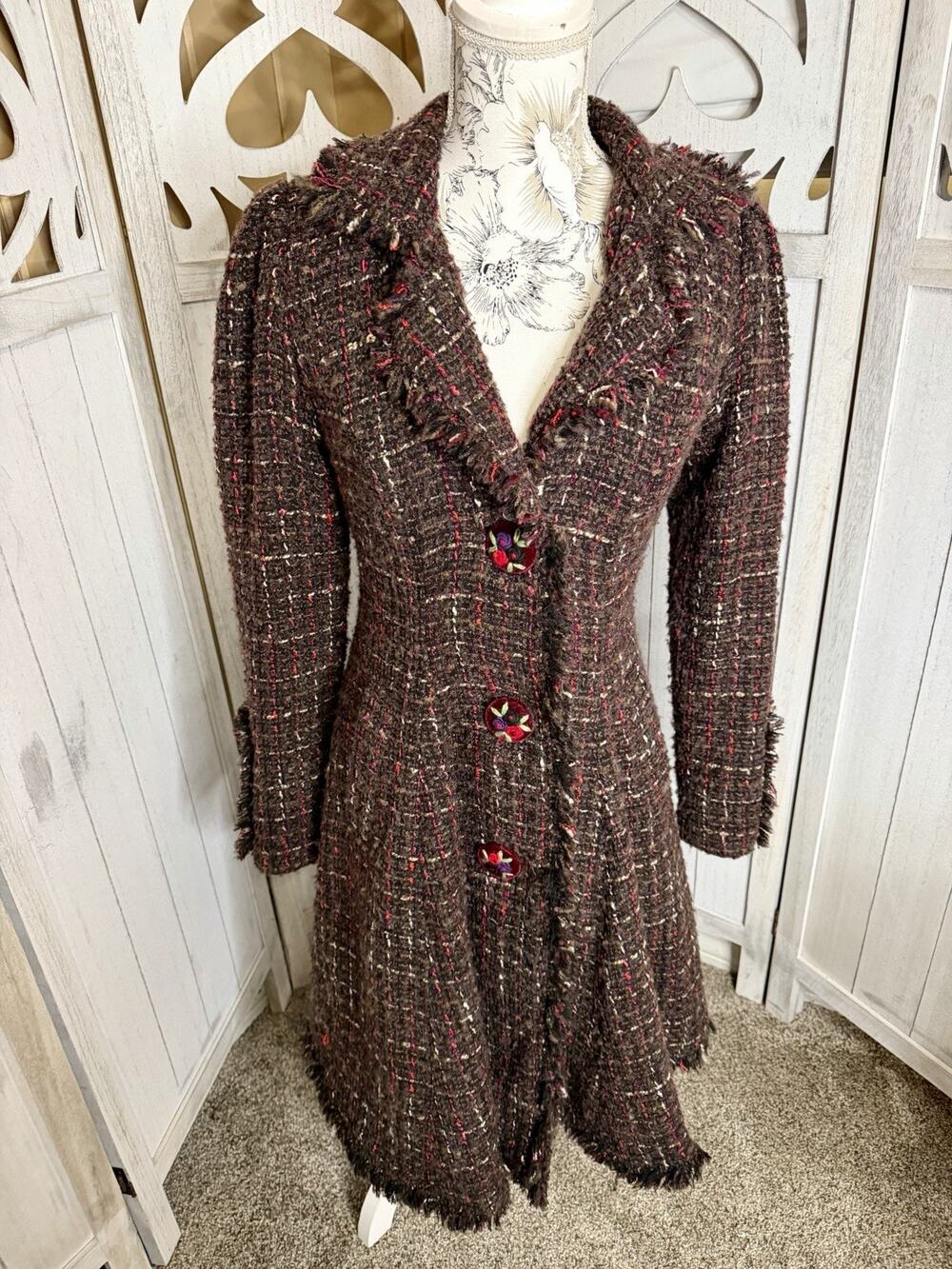 Anthropologie Nick & Mo Retro Tweed Plaid Flare Coat Velvet Floral Buttons MED